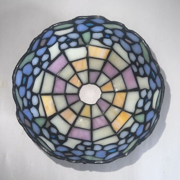 VTG Small Tiffany Style Stained Mosaic Glass Leaded Lamp Shade Slag Jeweled 6” - Picture 7 of 9